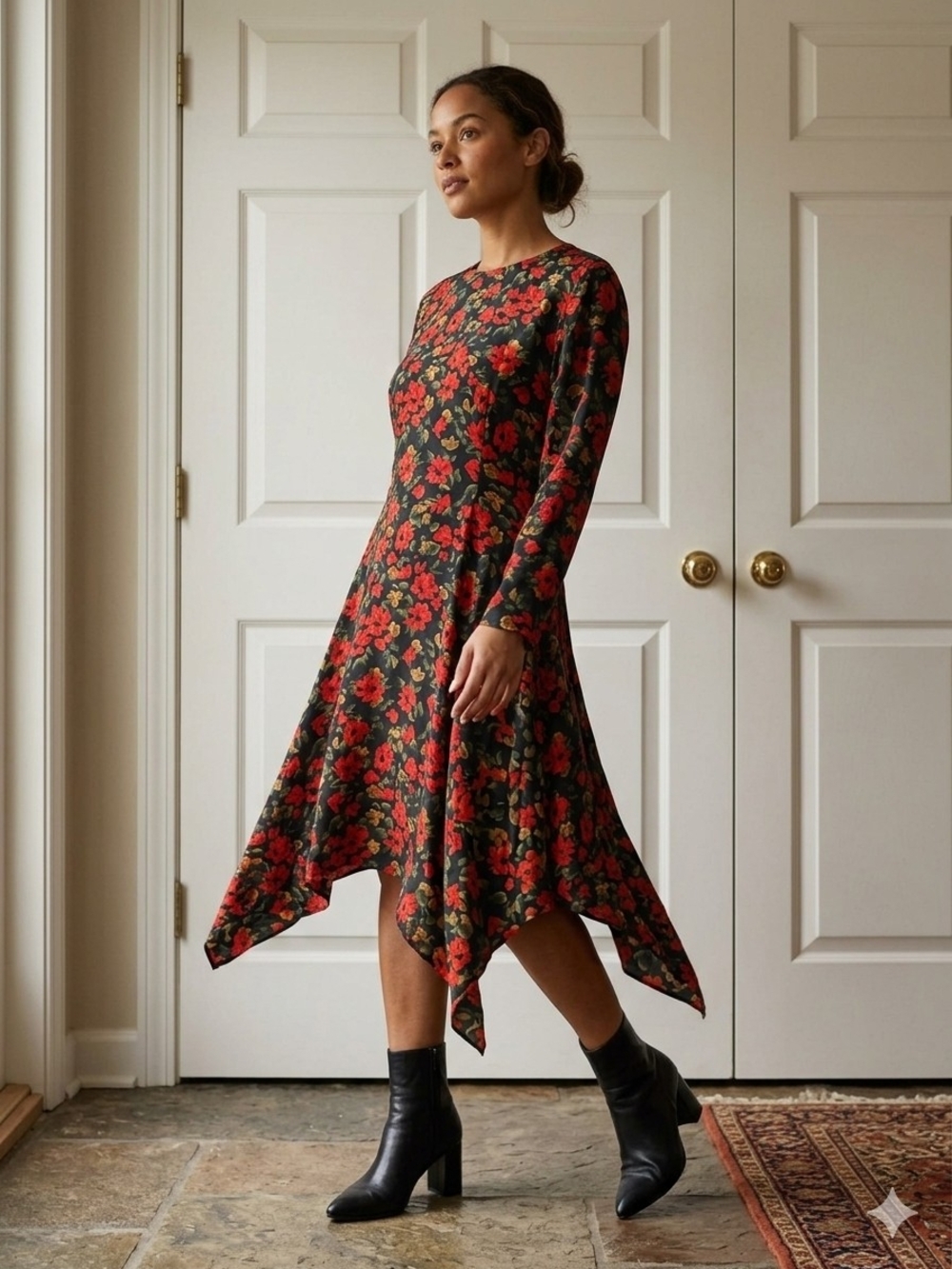 Floral Long-Sleeve Asymmetric Hem Dress - Red Floral